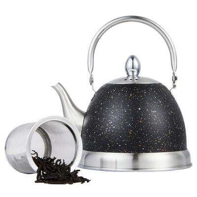 Creative Home 1.0 Qt. Stainless Steel Tea Infuser Kettle with Folding Handle, Infuser Basket, Opaque Black with Speckle