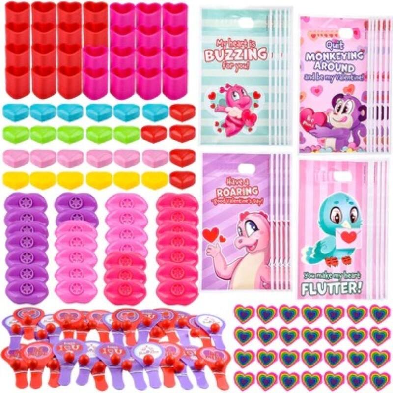 140 Pcs Valentine's Party Pack Set and stickers with cute, Valentine-themed designs,Perfect for boys and girls. - Multi