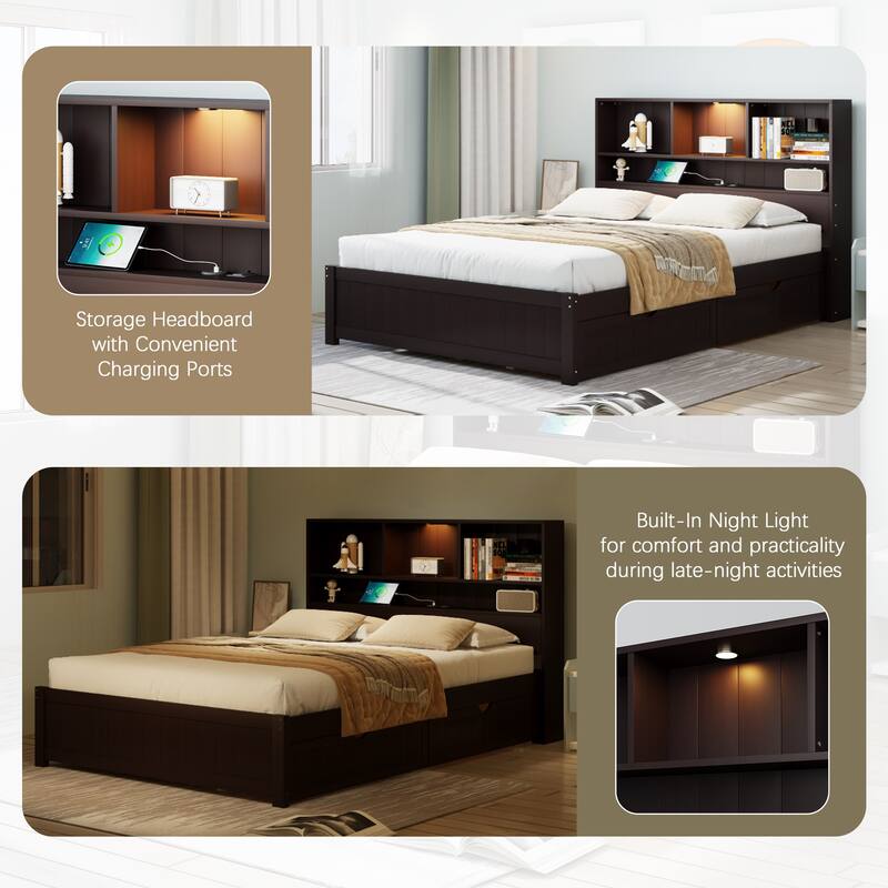 Wood Platform Bed with Bookcase Headboard, Built-in Downlight, Charging Station & 2 Side Drawers
