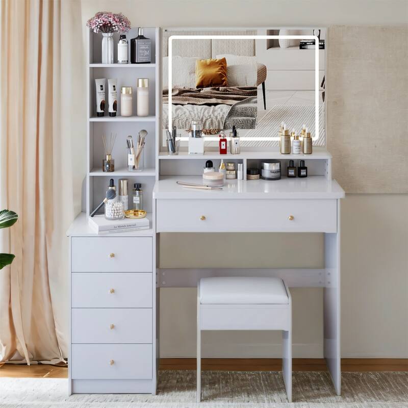 41" Large Vanity Set with 3-Color LED Mirror and Cushioned Stool