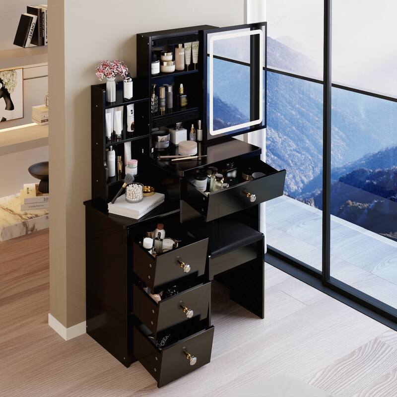 Compact Left Bedside Cabinet with Advanced LED Mirror and Ample Storage
