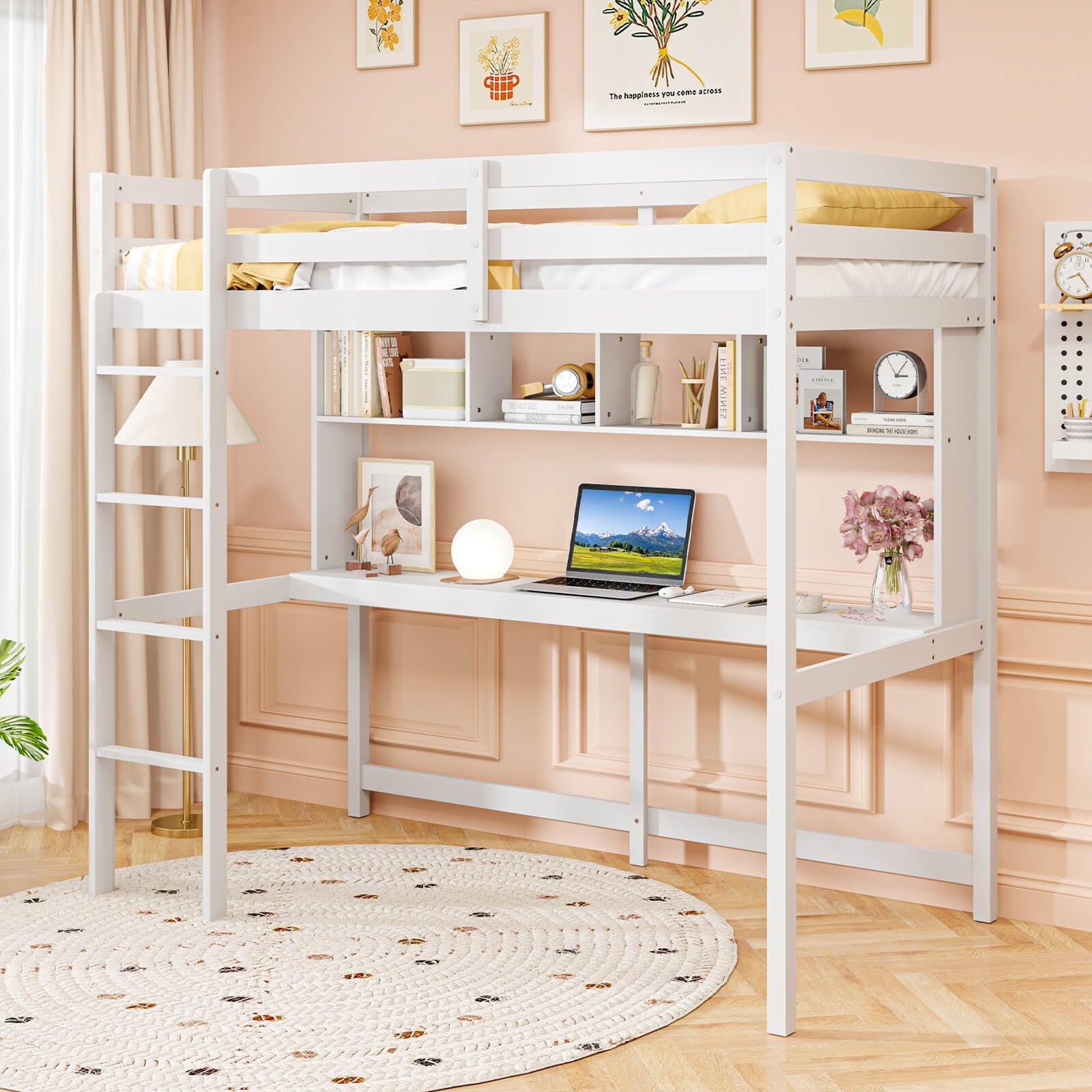 Costway Twin Size Loft Bed with Desk & Shelves Safety Guardrails