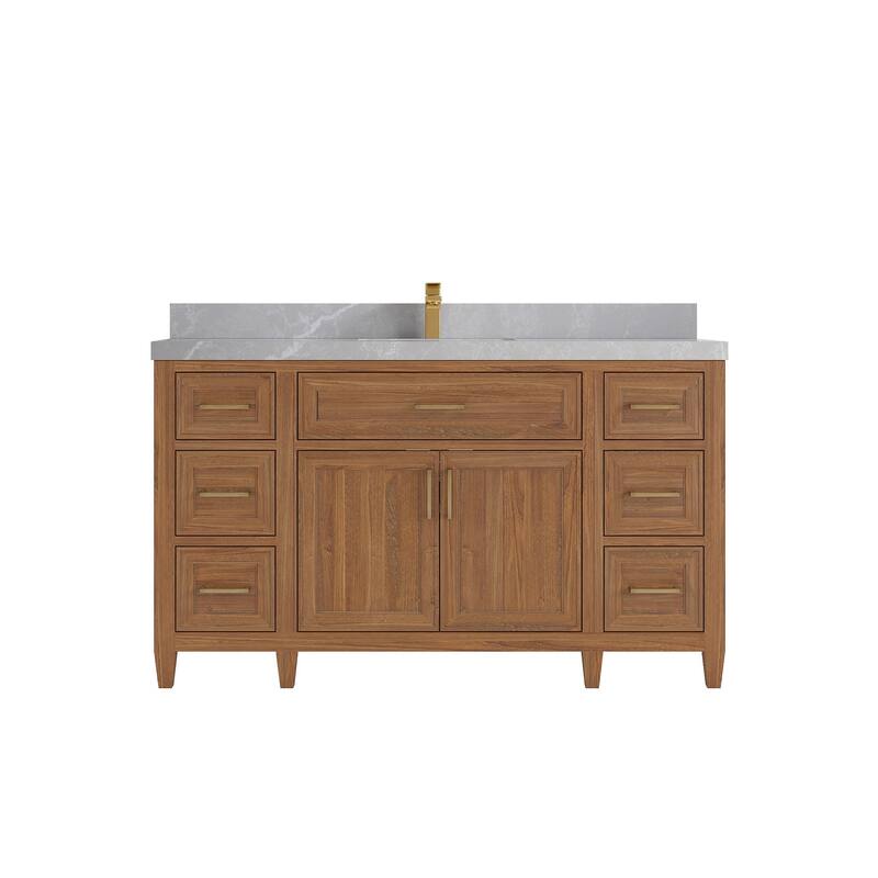 Willow Collections 60 in. W x 22 in. D Santa Monica Teak Single Sink Bathroom Vanity with Countertop - 2”Pearl Gray - Dark Natural