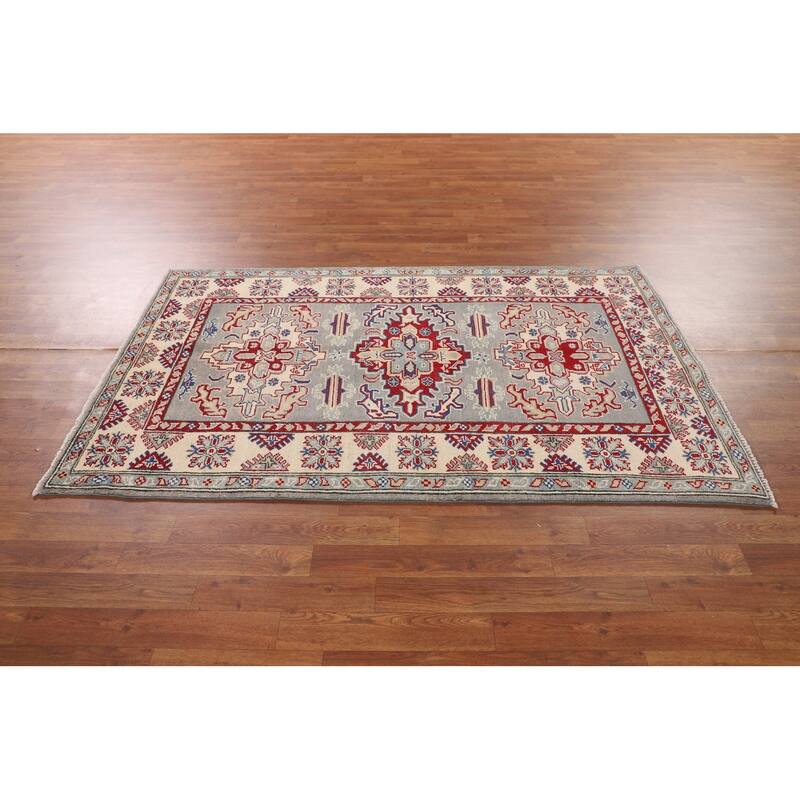 Traditional Kazak Oriental Rug Handmade Gray Geometric Wool Carpet - 3'10" x 6'3"