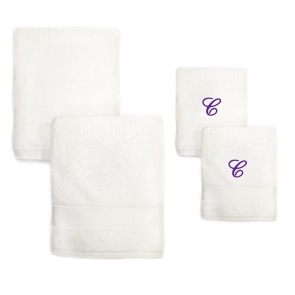 Sweet Kids 2-piece White Turkish Cotton Bath and Hand Towel Set with Lavender Purple Monogrammed Initial