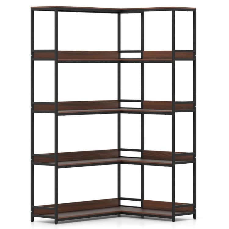 Metal and Wood L-Shaped Bookshelf 5-Tier Corner Shelf with Anti-Tip Kits - 43.5" L x 35" W x 71" H - Walnut