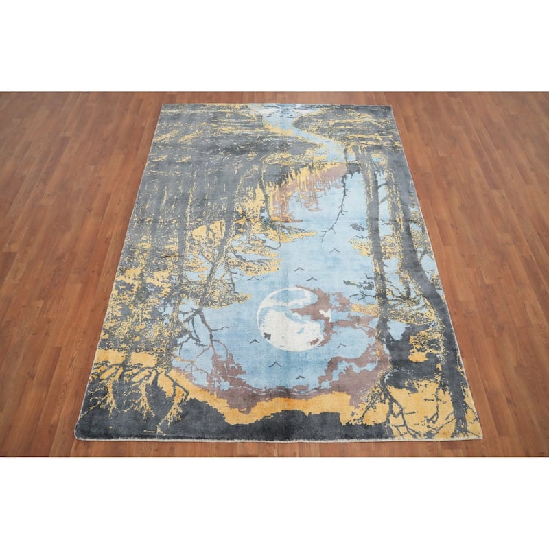 Hand Knotted Oriental Viscose Silk Carpet Modern Animal Pictorial Multi-Colored Abstract Area Rug - 7' 7'' X 5' 6''