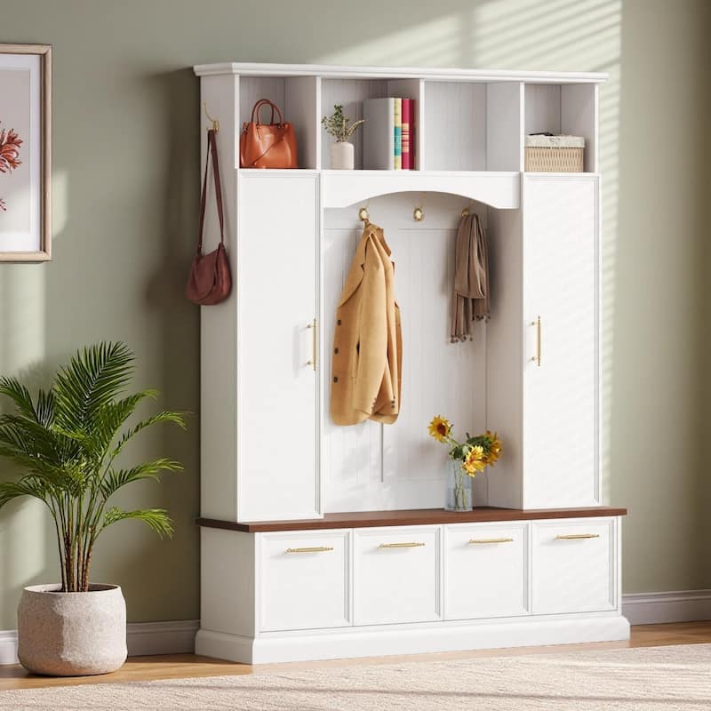 Luxury 4-in-1 Farmhouse Hall Tree by Harper&Bright Designs - White