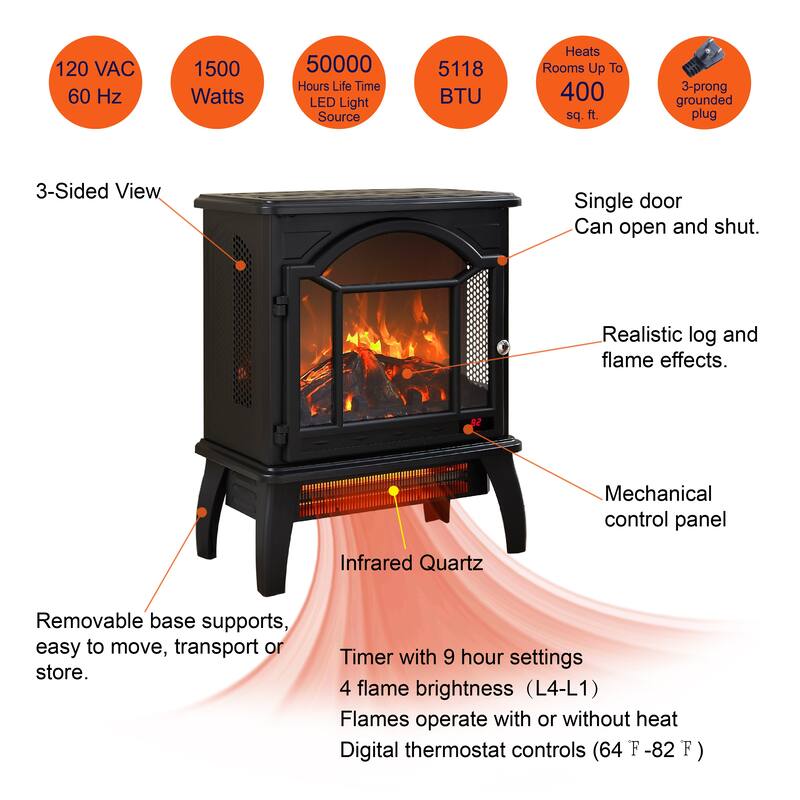Stylish 18" Infrared Quartz Electric Fireplace Stove with 3D Flame Effect and Remote Control