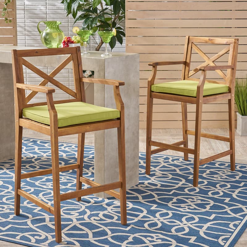Roomfitters 2-Piece Outdoor Acacia Wood Bar Stools with Armrests and Cushions, X-Back Patio High Dining Chairs