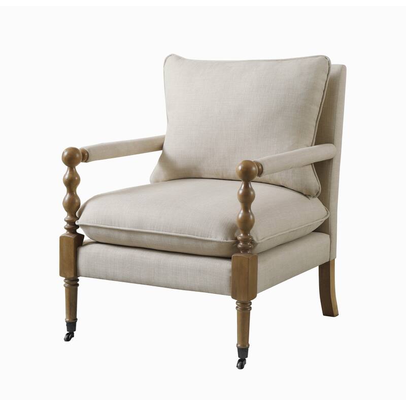Fabric Upholstered Wooden Accent Chair with Manchette Armrest, Beige and Brown
