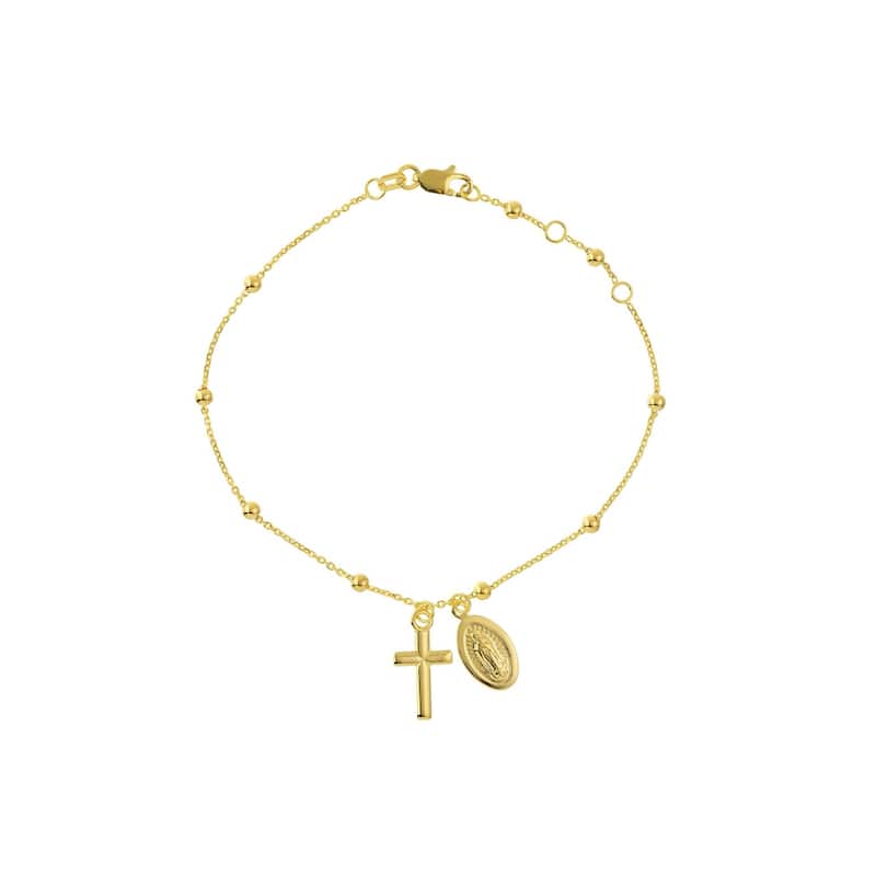 Curata 14k Yellow Gold 7.25" Dangle Miraculous Medal and Crosss Adjustable Bead Chain Bracelet