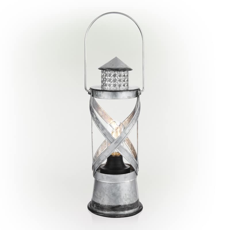 Alpine Corporation 15"H Indoor/Outdoor Vintage Metal Lantern with LED Lights, Silver
