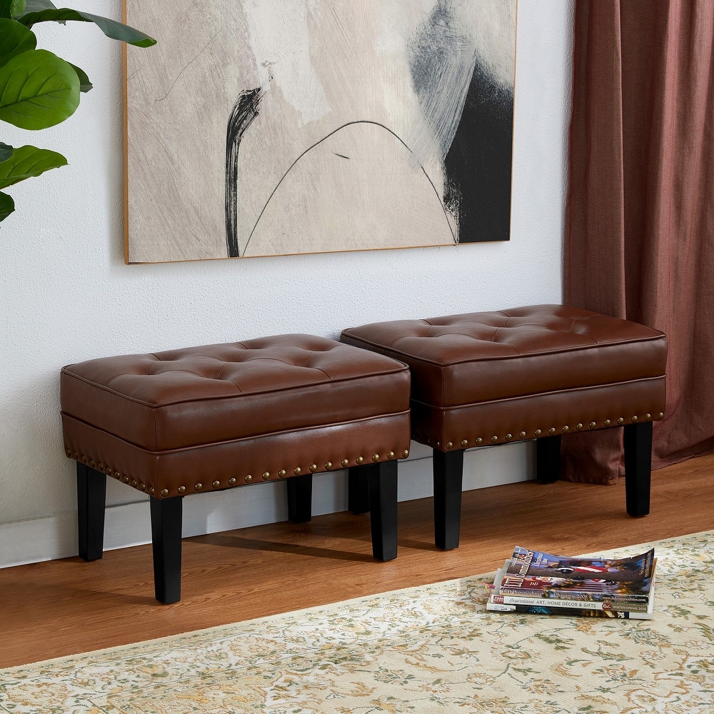 Glitzhome Set of 2 22"W Leatherette Button-tufted Foot Stools Ottomans