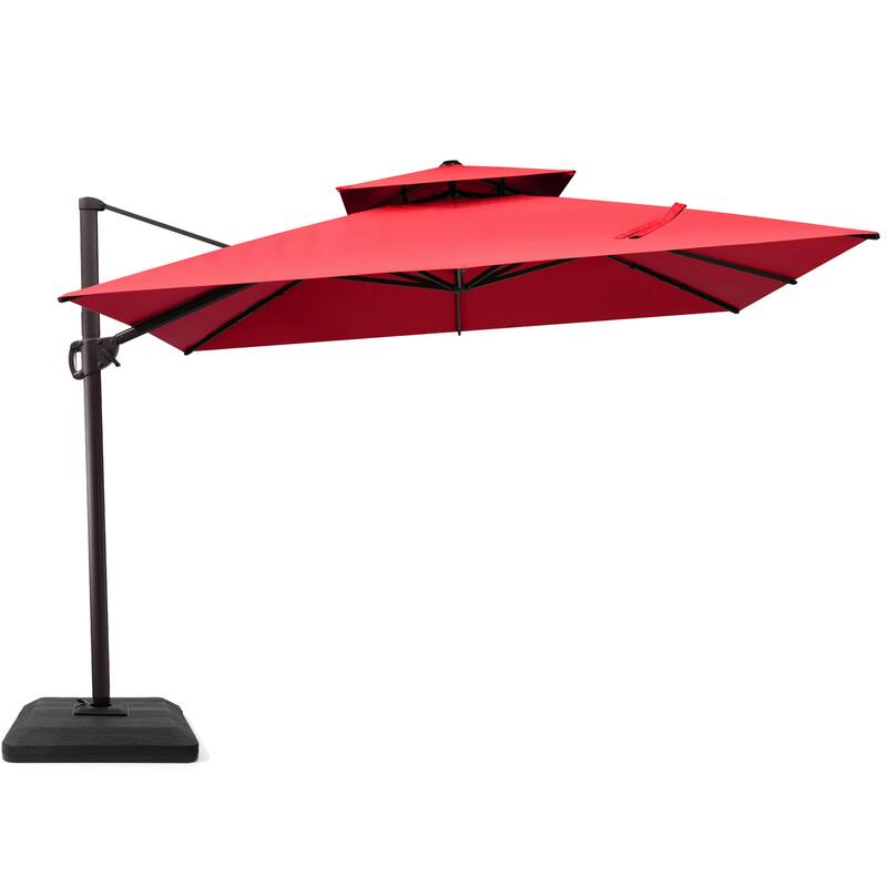 10FT Square Patio Cantilever-Offset 360 Degree Rotation Umbrella with Base - Red