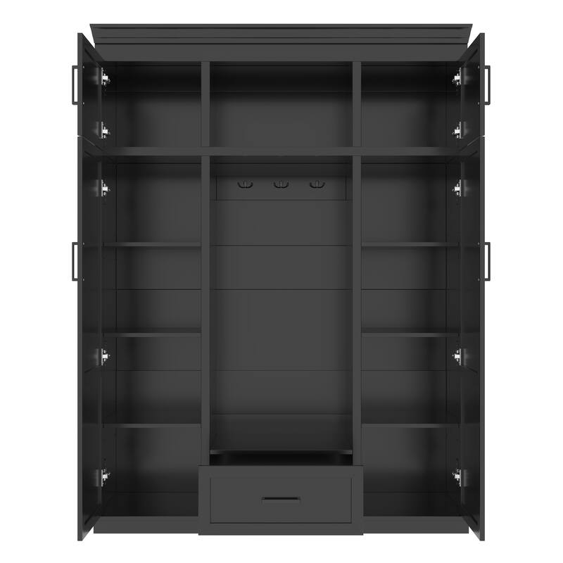 Roomfitters 85.2" Hall Tree with Bench, 3 Hooks, 4 Doors, 1 Drawer and Adjustable Storage Shelves