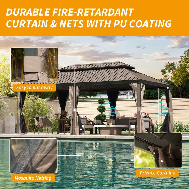 14' X 22' Hardtop Gazebo with Drainage System, Galvanized Steel Roof, Curtains & Netting for Outdoor Patio, Garden Shelter