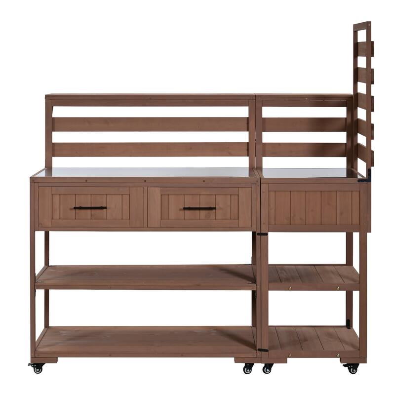 Solid Wood 62.3'' Patio Kitchen Island Kitchen Cart with Stainless Table Top, Garden Potting Bench with Raised Shelf and Drawers