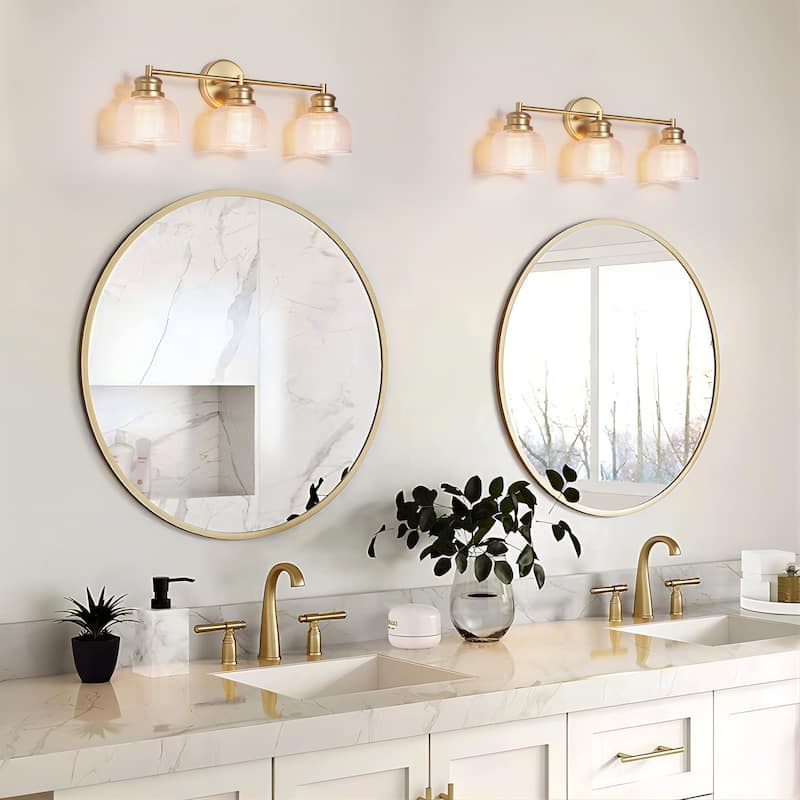 23.8" W 3-Light Retro Industrial Gold Bowl-Shaped Bathroom Vanity Light with Clear Chequered Textured Glass Shades