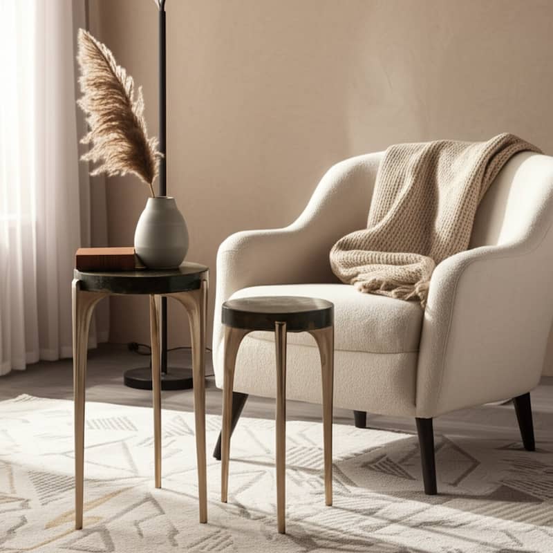 Metal Accent Tables Sculpted Base Textured Round Tops (Set of 2) - 13" x 13" x 23" - Marble - 13" x 13" x 23" - Champagne/ White