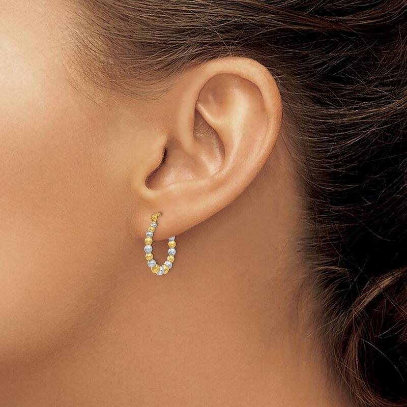 Curata 14k Yellow Gold 3x18mm Textured and Rhodium Beaded Hoop Earrings