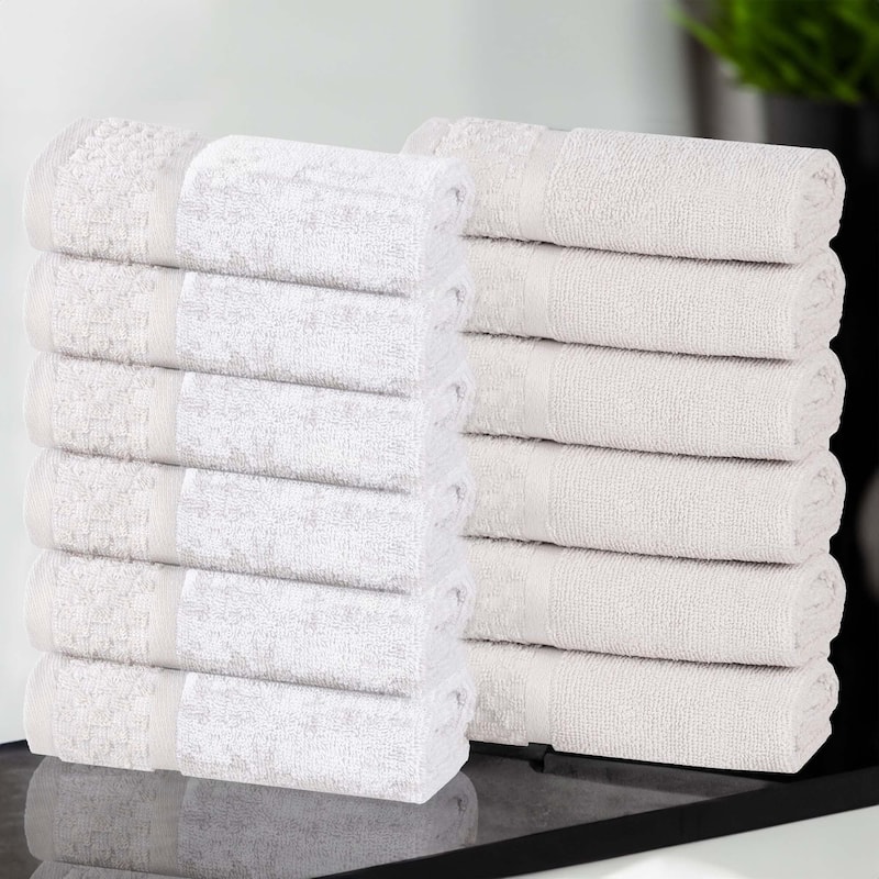 Superior Lodie Cotton Jacquard Solid and Two-Toned Washcloth Set of 12 - StoneWhite