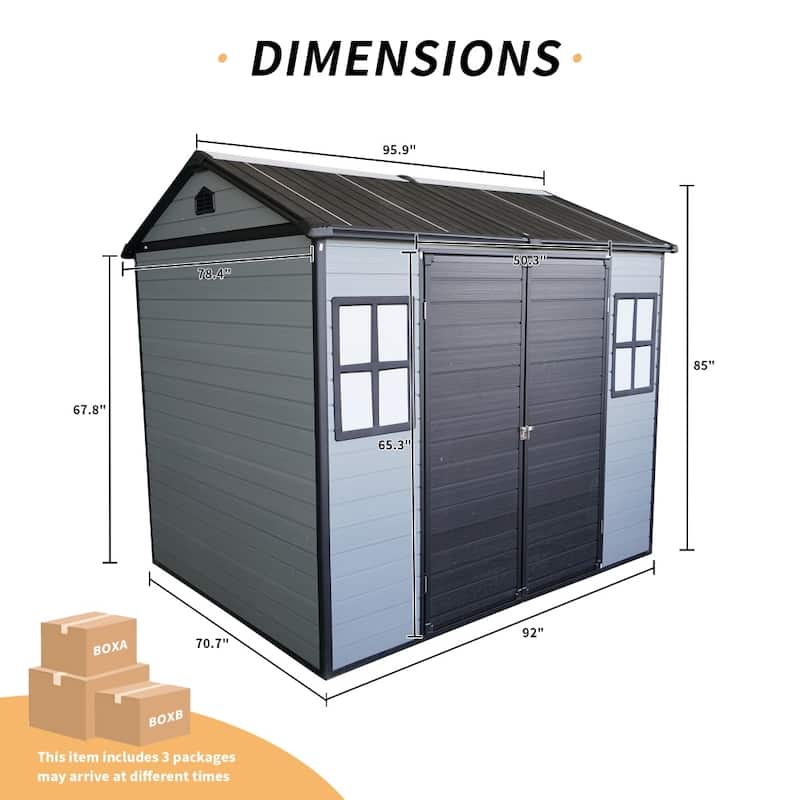 Patio Durable Steel Frame Resin Garden Shed with Floor and Lockable Door, 2 Windows