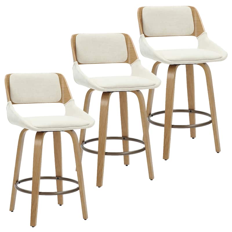 Mid-Century Modern Fabric and Wood 26" Counter Stool with Swivel, Set of 3 - Beige and Natural