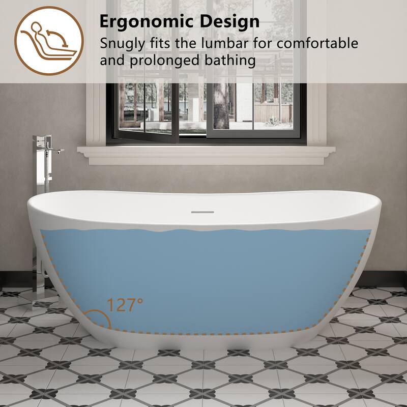 CASAINC Matte White Soaking Bathtub Solid Surface Stone Bathtub with Center Drain
