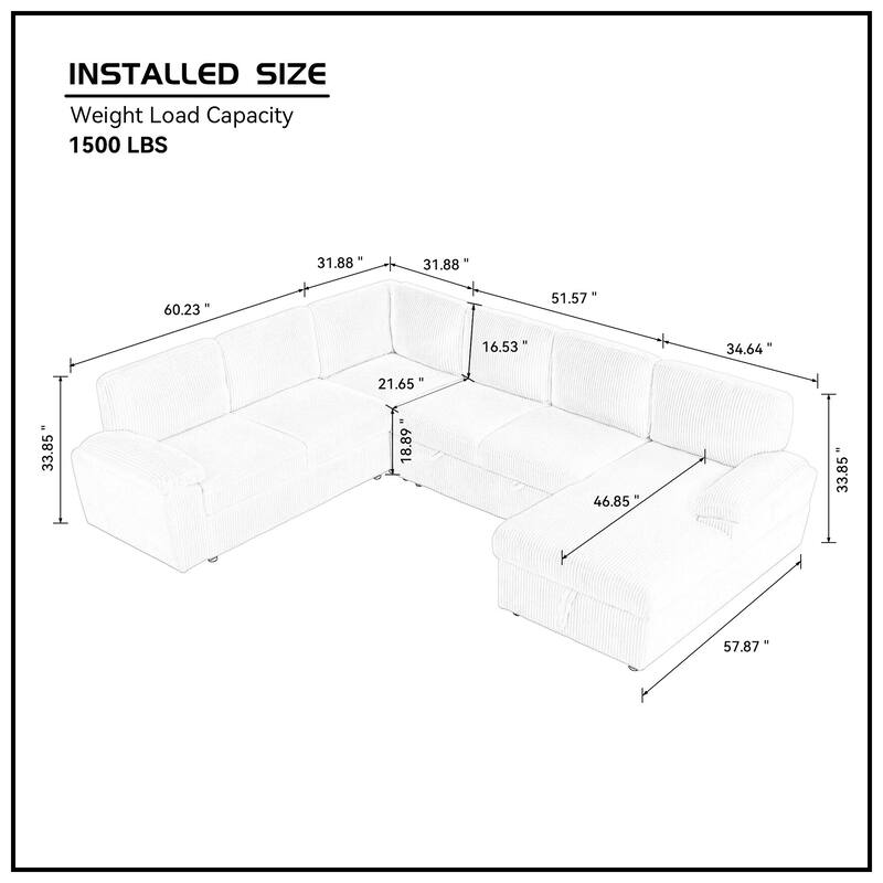 Oversized Modular Storage Sectional Sofa Couch, White Corduroy, Convertible Sleeper Sofabed
