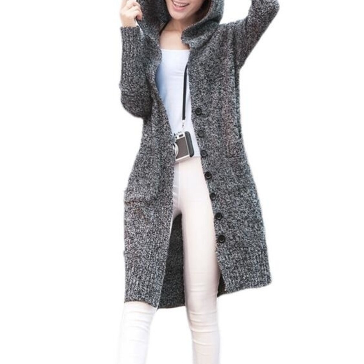 women's oversized open front hooded draped pockets cardigan coat