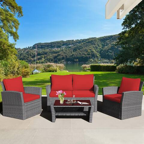 Gymax 4PCS Patio Rattan Conversation Set Outdoor Furniture Set w/ Red - See Details