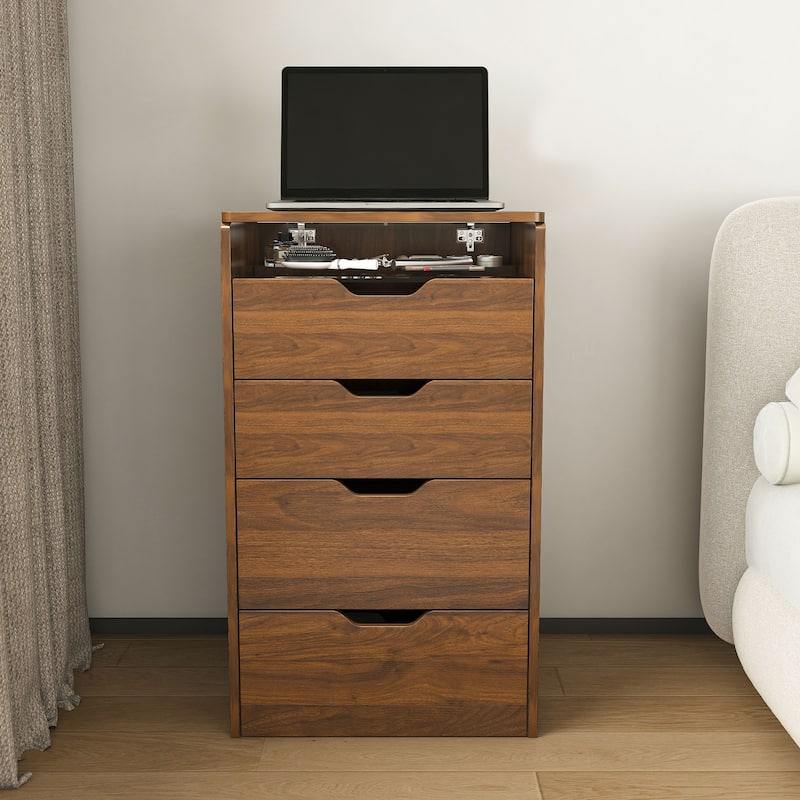 Anmytek Compact Vanity Desk with Flip-Top LED Mirror & Stool Walnut Finish 4-Drawer Nightstand