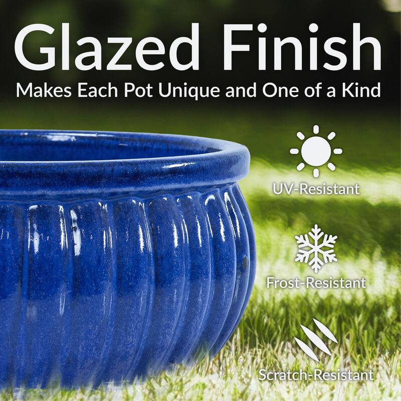 Sunnydaze Ribbed Glazed Ceramic Planter Bowl - Imperial Blue