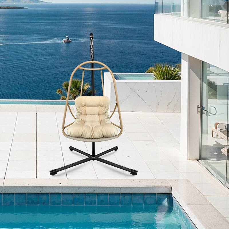 Wicker Swing Egg Chair with Metal Stand and Cup Holder, Patio Hanging Chair with Cushion and Pillow, C Type Bracket