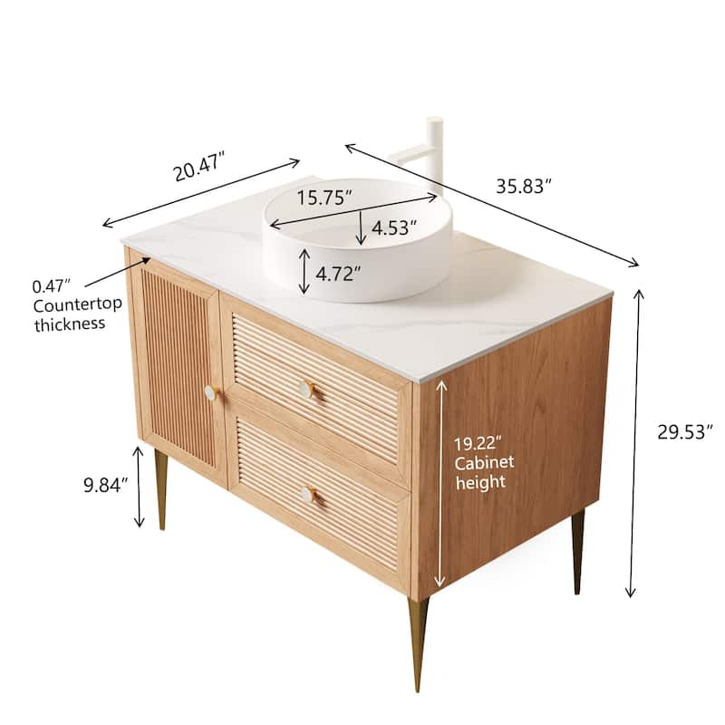 36" Freestanding Vanity with Ceramic Sink‌ – Plywood Cabinet, 4 Metal Legs, 2 Drawers & 1 Door – Pre-Assembled, No Faucet.
