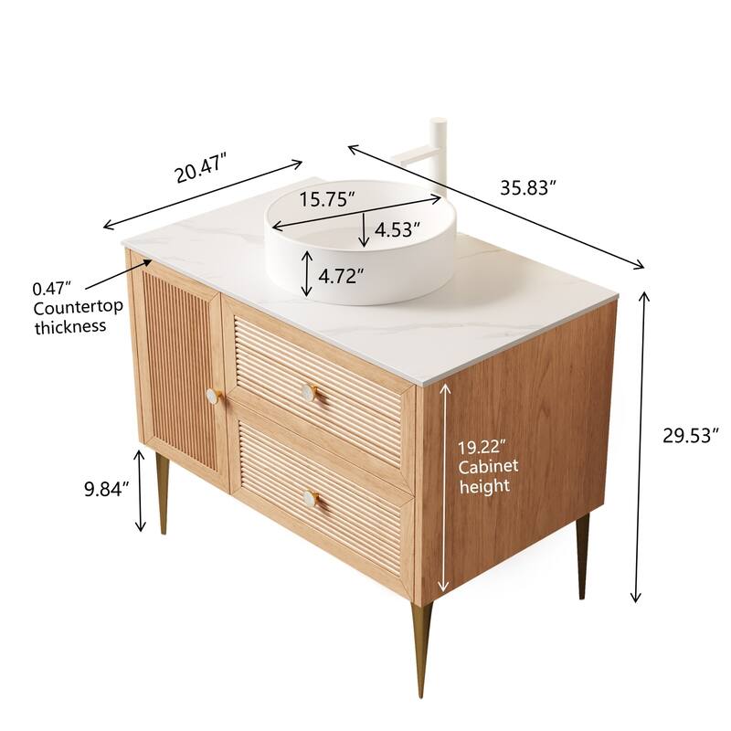 GDFStudio - Munin Freestanding Bathroom Vanity with Ceramic Sink, 4 Metal Legs, Oak Woodgrain Color, WITHOUT Faucet