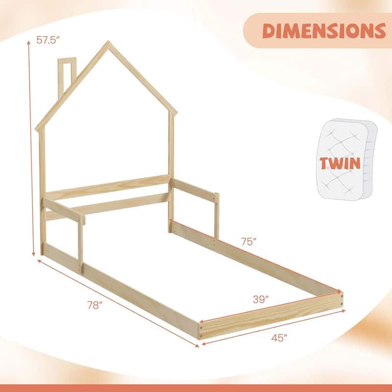 Floor Kid House Bed Frame Wood Twin Floor Bed w/ Fence