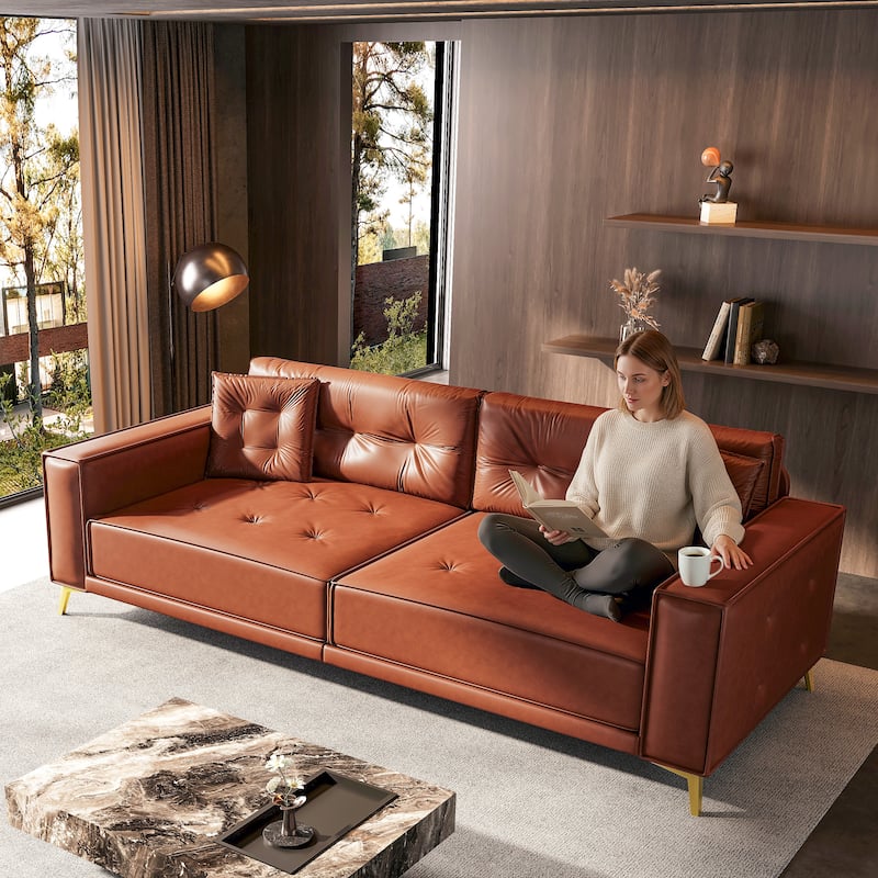 Oversized 3-in-1 Convertible Sofa Bed, 92.1" Faux Leather Square Arms Loveseat, Modern Pull-Out Sleeper Couch with Pillows