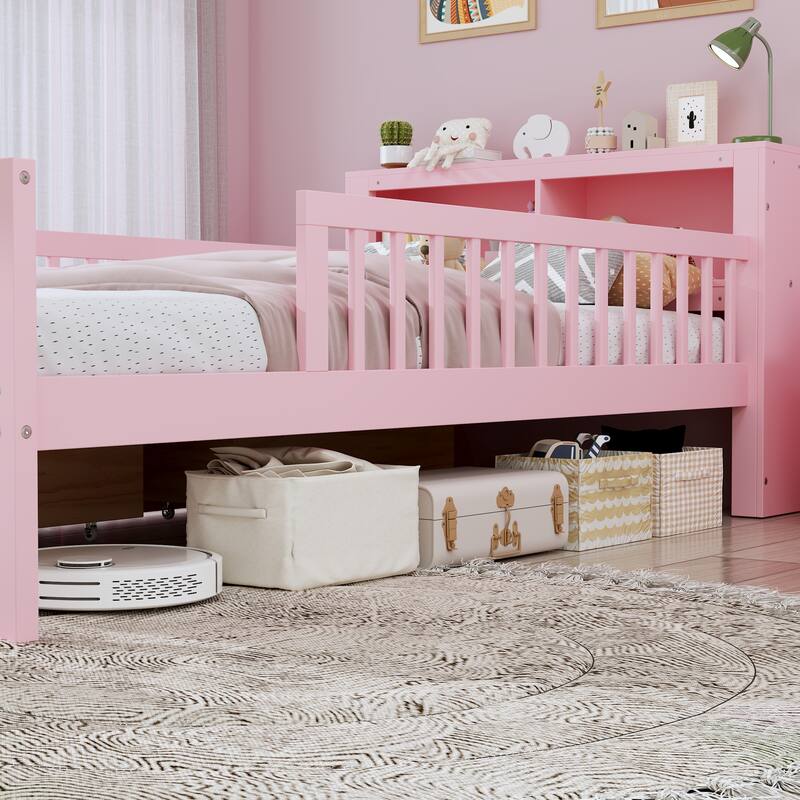 Safe Kids Bed Platform Bed Twin Size Wood Bed Frame with Storage Headboard and 2 Drawers Under, 3-Side Guardrails for Boys Girls
