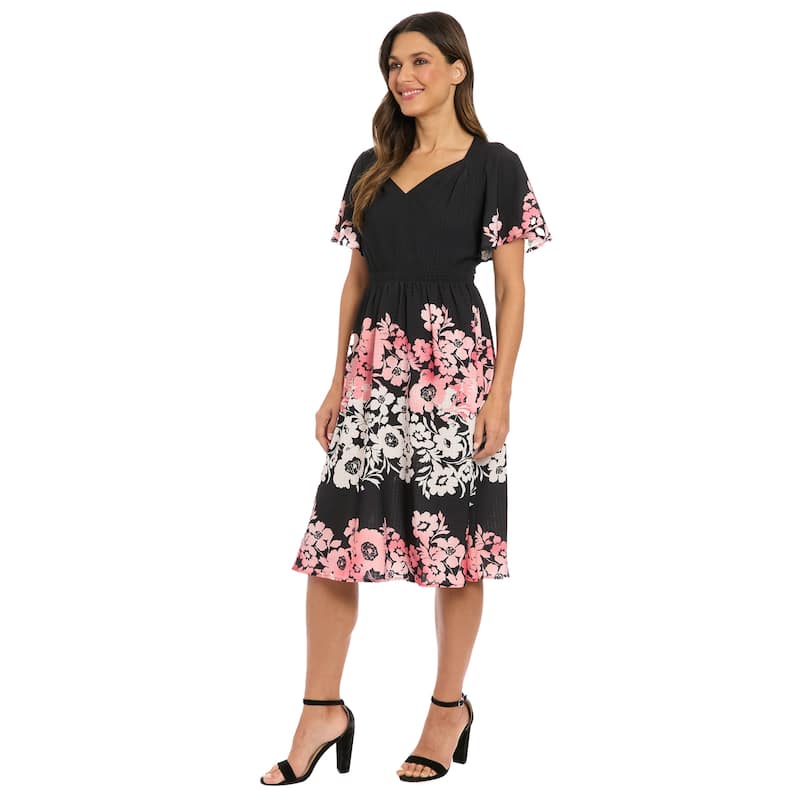 London Times Women's Flutter Sleeve V-Neck Smocked Waist Midi Dress