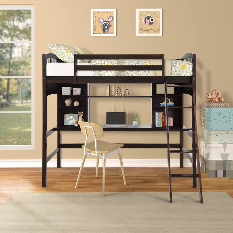 Twin Size Wood High Loft Bed Multi-Functional Study Bed w/Built-in Desk and Ladder, Solid Wood High Loftbed Bedframe w/Guardrail