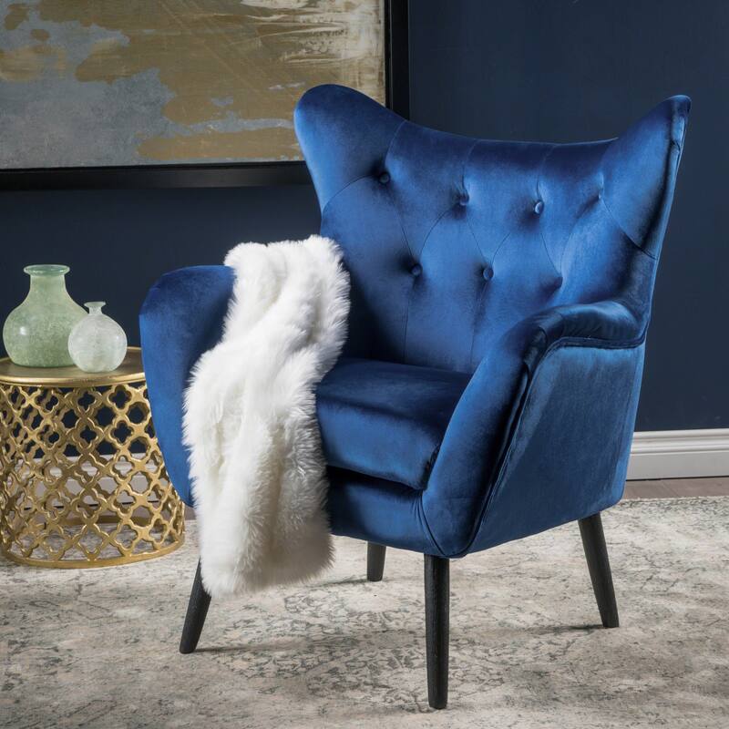 Modern 34.25" Velvet Upholstered Button Tufted Wingback Arm Chair with Curved Wingback and Wood Frame