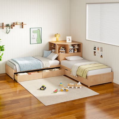 L-Shaped Triple Twin Bed with Built-In Desk, Drawers and Storage Space by Harper&Bright Designs