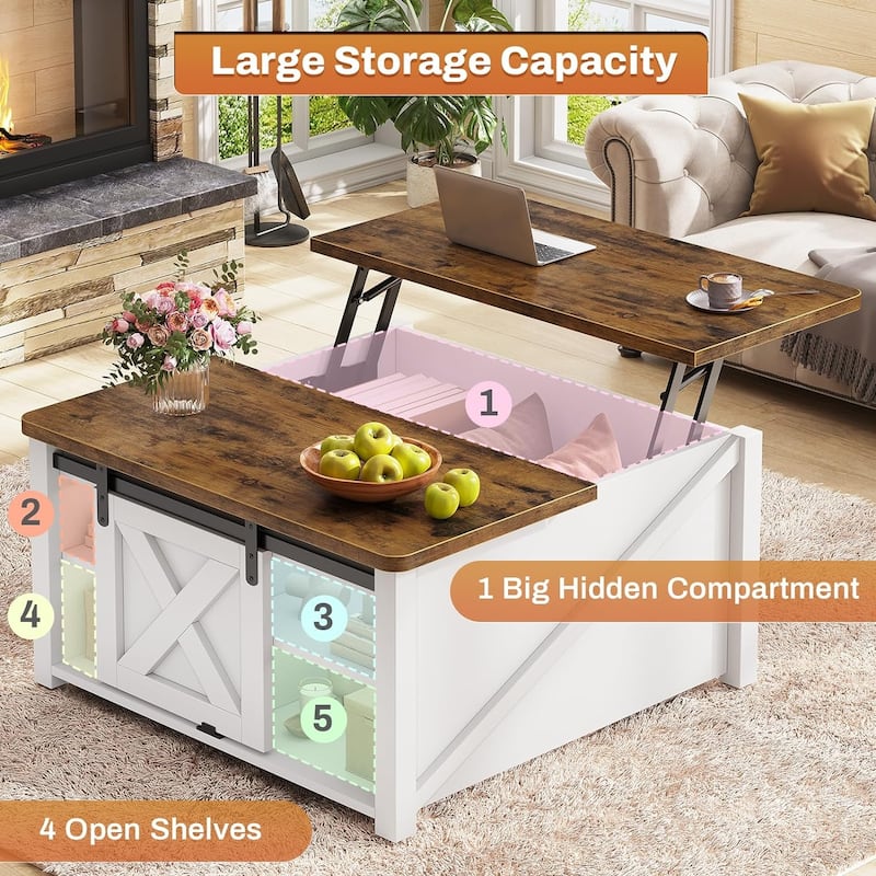 Coffee Table Lift Top Square Center Table Barn Door Adjustable Shelves