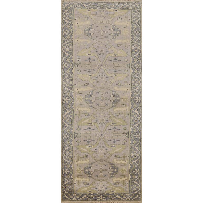 All-Over Gray Oushak Oriental Runner Rug Hand-Knotted Wool Carpet - 2'6"x 8'1"