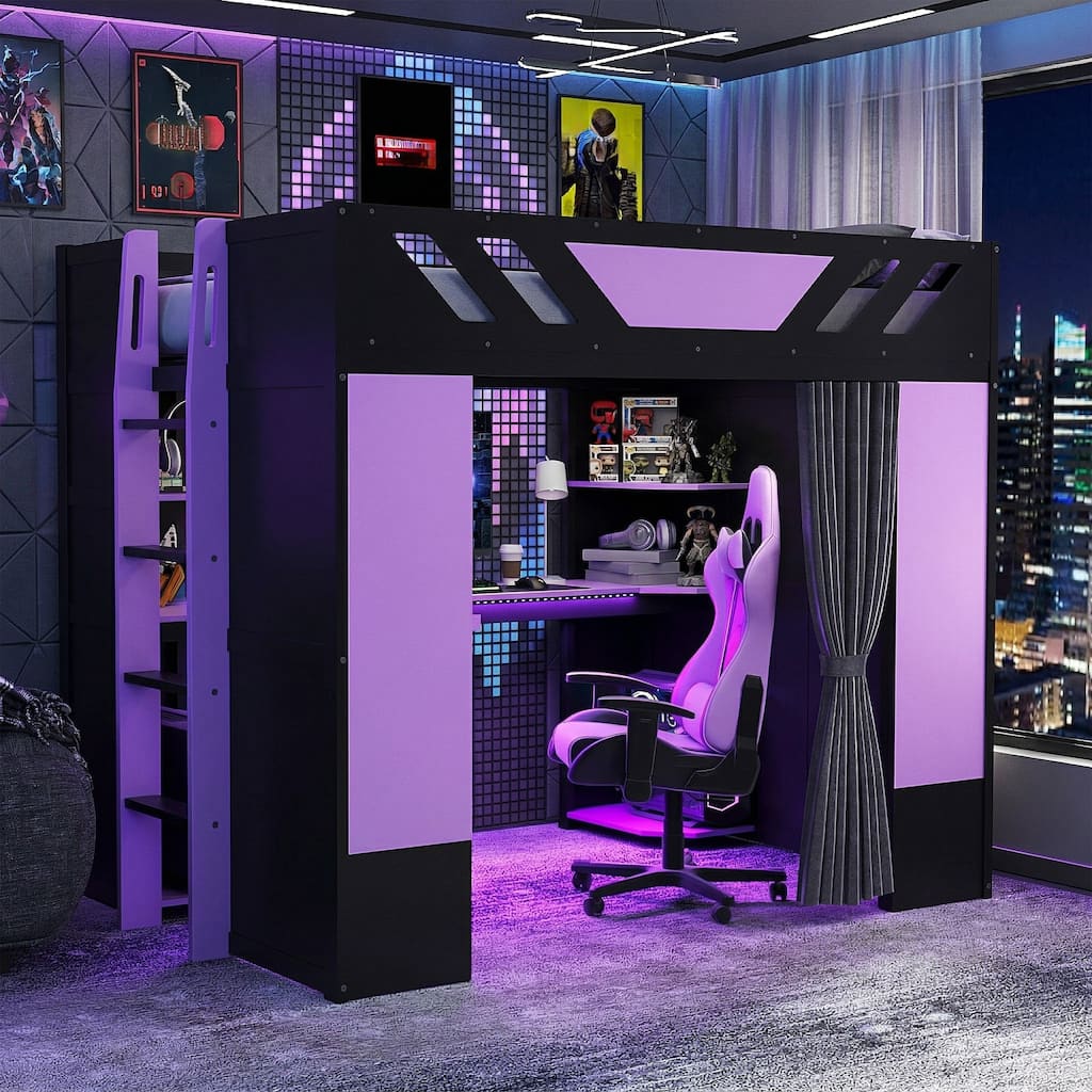 Full-Size Loft Bed with Workstation, RGB Desk Lights, Blackout Curtains & Display Shelves by Harper&Bright Designs
