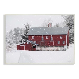 Stupell Snow Covered Farmland Red Barn Snowflakes Falling Wood Wall Art - Grey