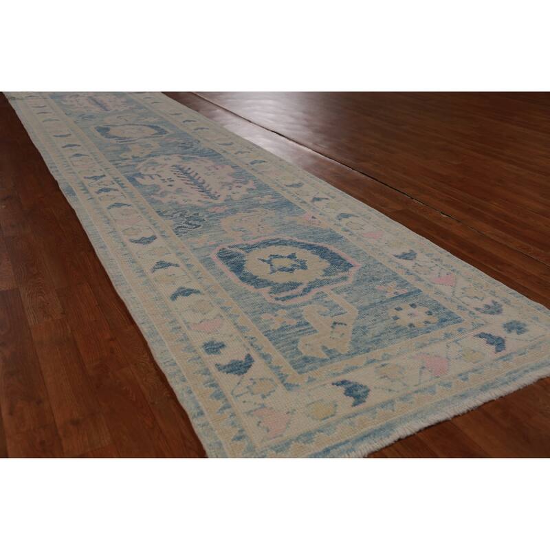 Hand Knotted Oriental 100% Wool Carpet Transitional Geometric Navy Blue & Blues Oushak Runner Rug - 12' 2'' X 3' 3''