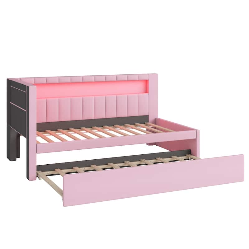 Twin Size Linen Platform Bed with LED Lighting and USB Ports and Includes Hidden Trundle (250lbs Capacity)